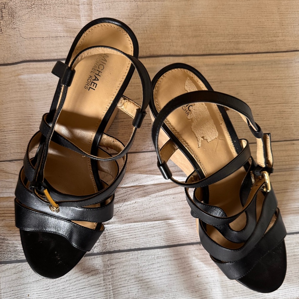 Michael Kors Black Strappy Wedge Sandals Size 8 Ankle Strap Heels